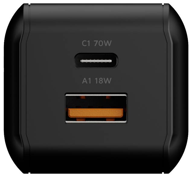 Vorderansicht eines schwarzen Dual-Port-Ladegeräts mit einem USB-C-Anschluss mit der Bezeichnung „C1 70W