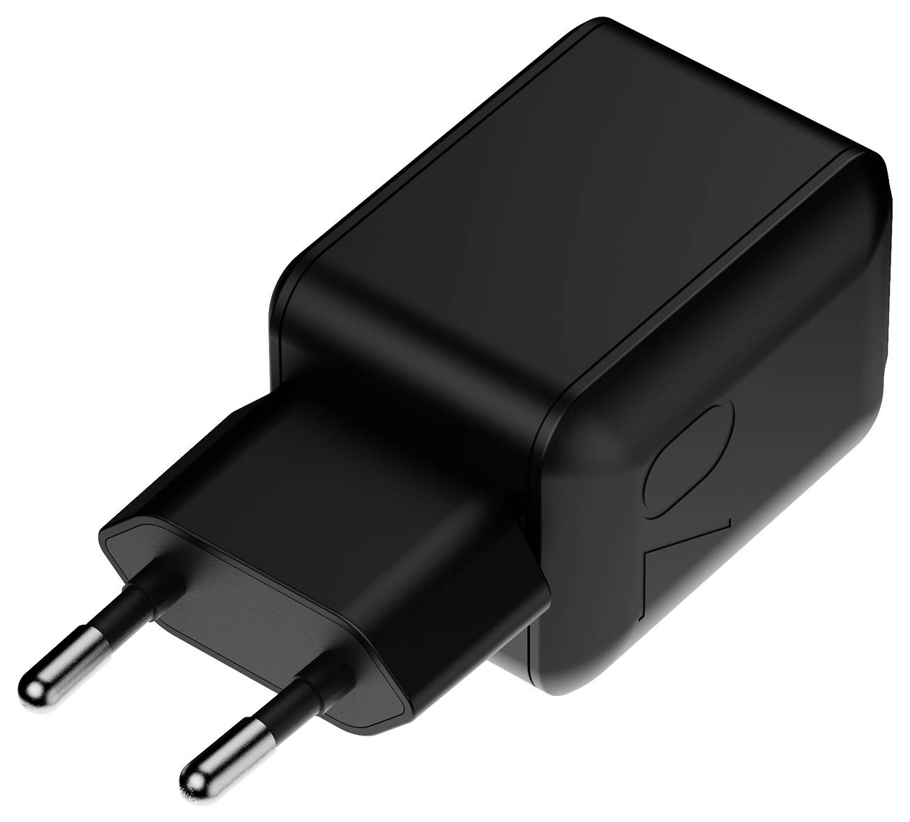 Schwarzer zweipoliger Elektro-Wandladegerät-Adapter auf weißem Hintergrund.