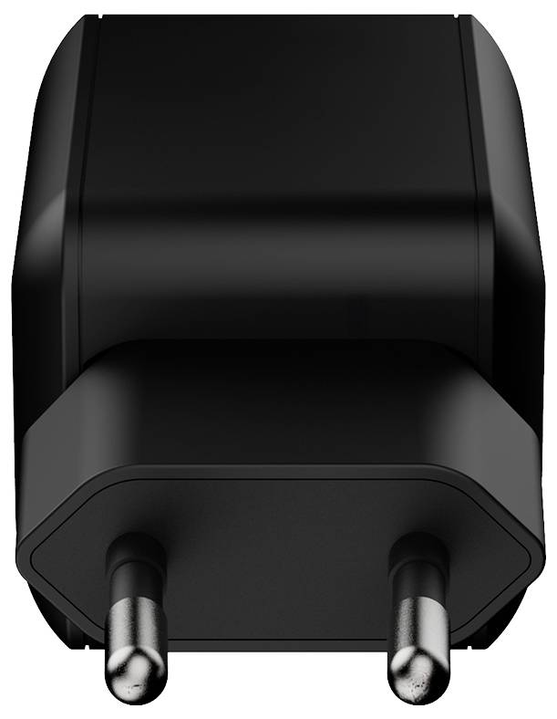 Schwarzer zweipoliger Elektrostecker-Adapter, Vorderansicht auf weißem Hintergrund dargestellt.