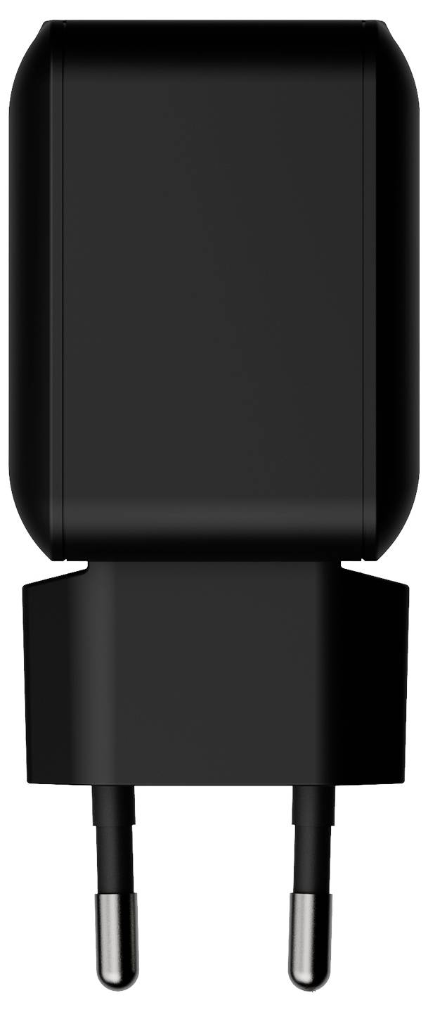 Schwarzer zweipoliger Stromstecker-Adapter mit abgerundetem rechteckigem Gehäuse und Metallstiften, dargestellt vor weißem Hintergrund.