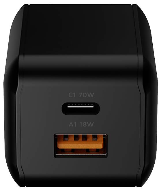 Schwarzes Dual-Port-Wandladegerät mit einem USB-C-Anschluss mit Bezeichnung C1 70W und einem USB-A-Anschluss mit Bezeichnung A1 18W