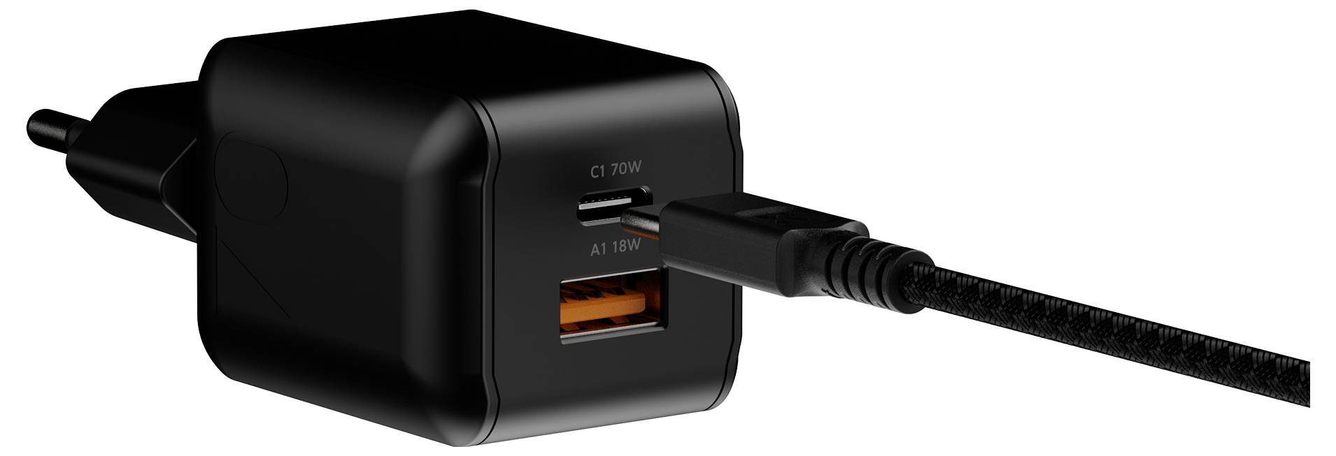 Schwarzes Wandladegerät mit einem USB-C- und einem USB-A-Anschluss, dargestellt mit einem Kabel, das in den USB-A-Anschluss eingesteckt ist.
