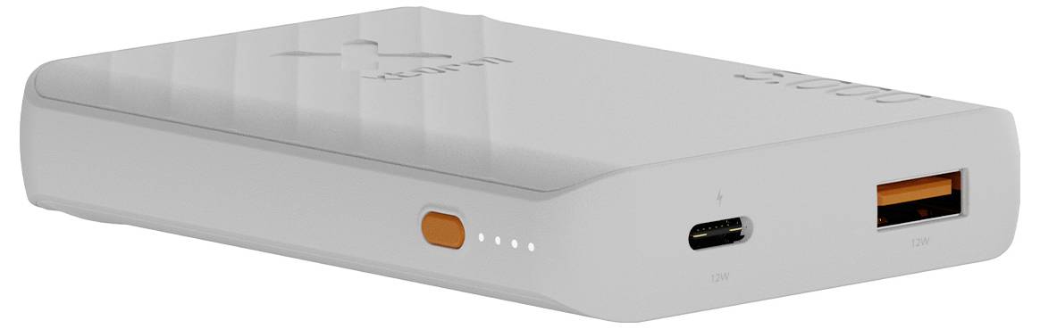 Graue tragbare Powerbank mit orangefarbenen USB-A- und USB-C-Anschlüssen, einer Stromumdrehungsschaltfläche und vier LED-Ladeindikatoren.