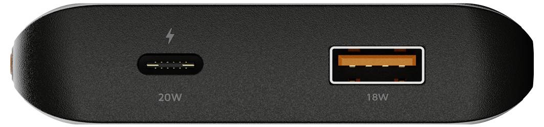 Nahaufnahme eines schwarzen Geräte-Anschlussfelds mit einem USB-C-Anschluss mit der Bezeichnung 20W und einem USB-A-Anschluss mit der Bezeichnung 18W.