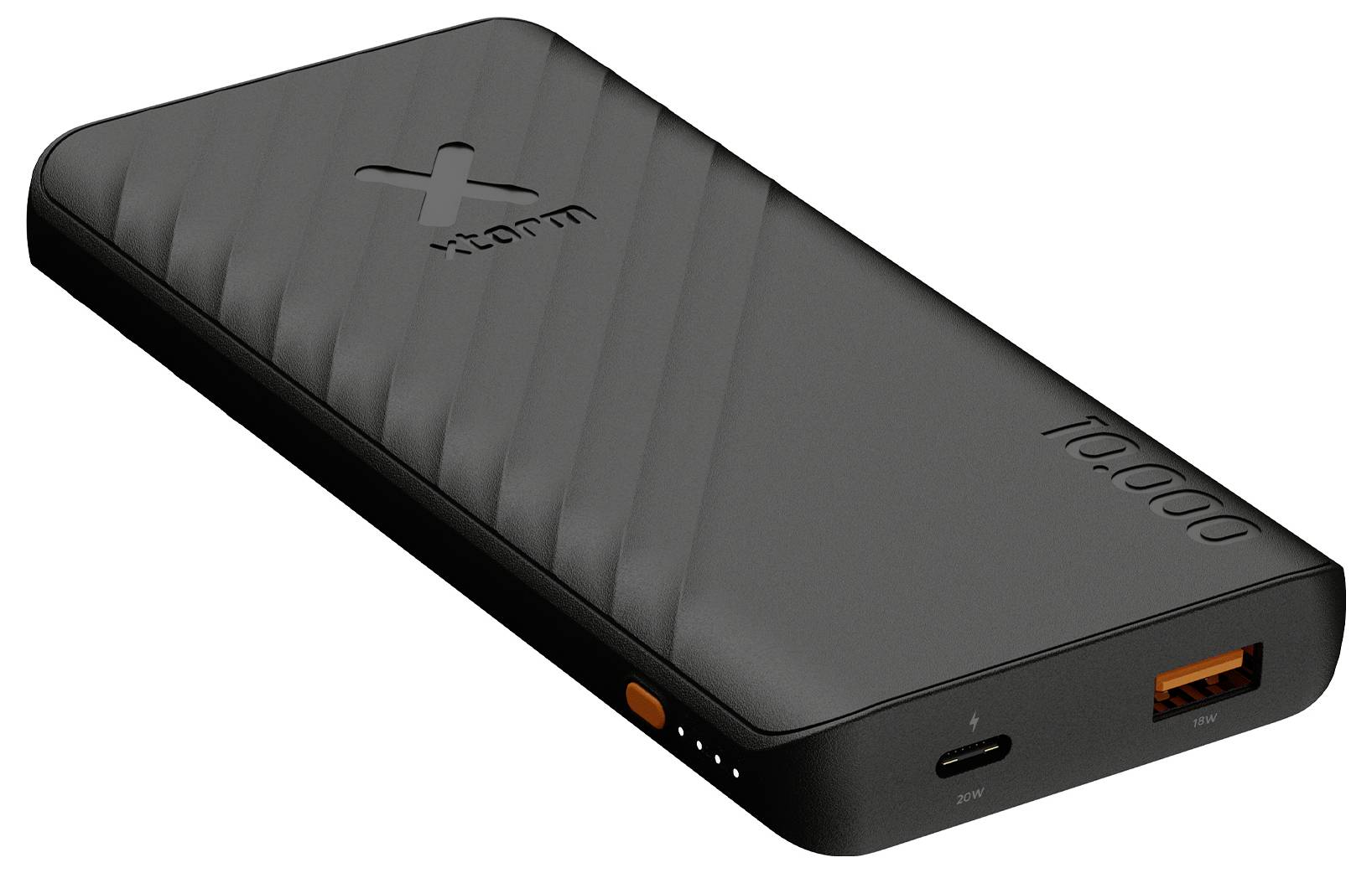 Schwarze tragbare Powerbank mit Xcentz-Logo, USB-A- und USB-C-Anschlüssen sowie vier LED-Ladeindikatoren auf der Vorderseite.