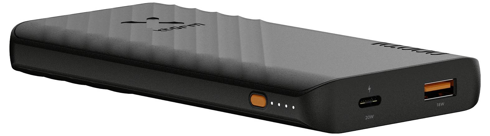Tragbare Powerbank mit strukturiertem schwarzem Gehäuse, USB-C-Eingangs- und USB-A-Ausgangsanschlüsse an der Vorderseite, plus vier Batterieanzeige-Leuchtdioden und eine seitliche Einschalttaste.