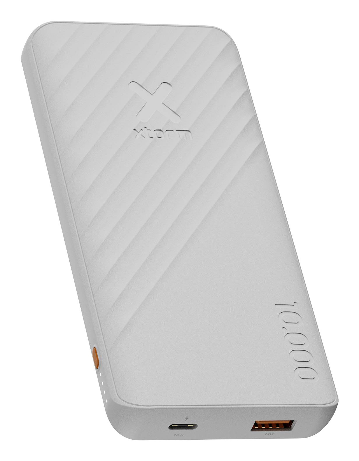 Weiße tragbare Powerbank mit diagonalen Rillen, USB-C-Ladeanschluss und USB-A-Ausgangsanschluss, auf einem einfachen Hintergrund dargestellt.