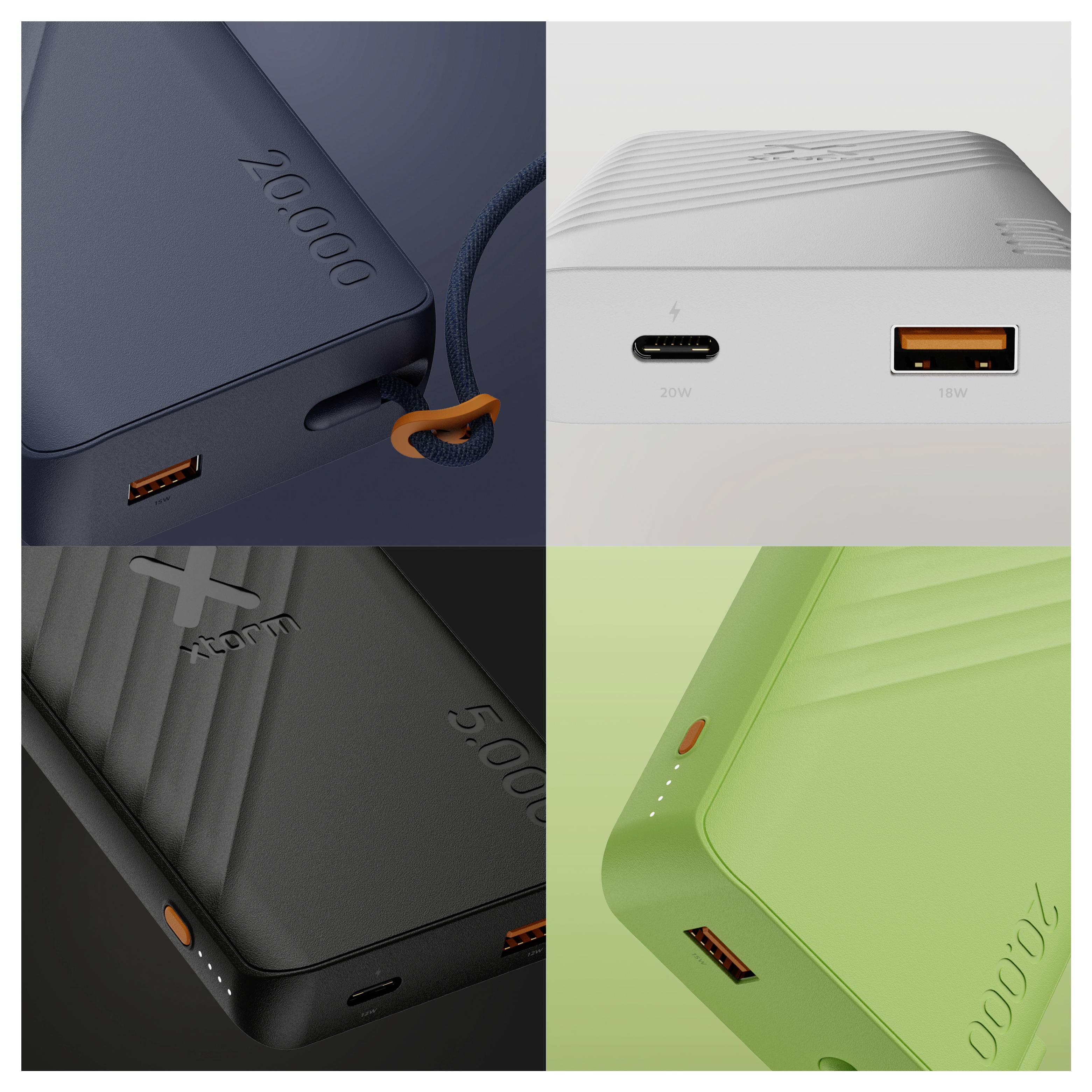 Vier 20.000-mAh-Powerbanks in verschiedenen Farben, jede mit USB-C- und USB-A-Anschlüssen und Akkuanzeigeleuchten.