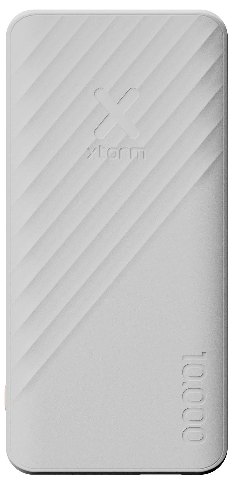 Silberne rechteckige Powerbank mit diagonalen Rillen und geprägter 