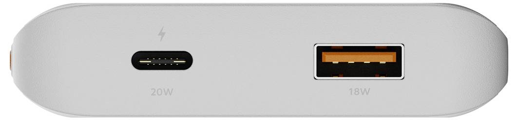 Seitenansicht einer silbernen Powerbank mit zwei Ladeanschlüssen: USB-C mit Kennzeichnung 20W und USB-A mit Kennzeichnung 18W.