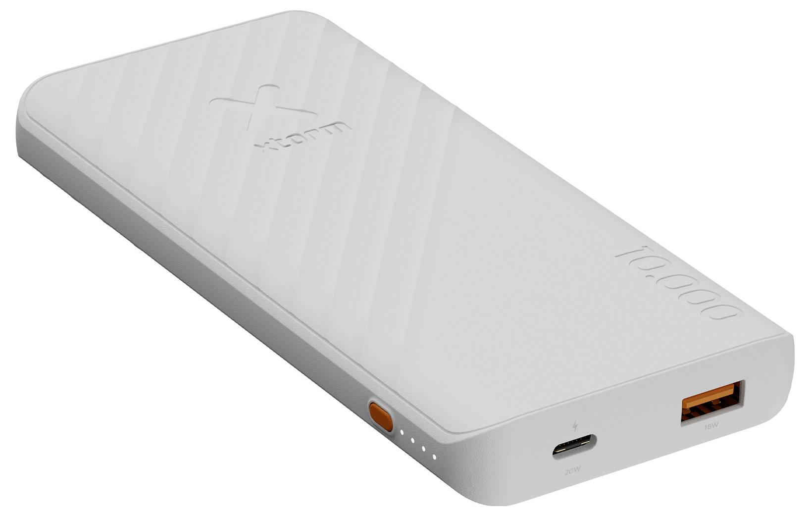 Weiße tragbare Powerbank mit USB-C- und USB-A-Anschlüssen sowie einem kleinen Anzeigelicht an der Seite.