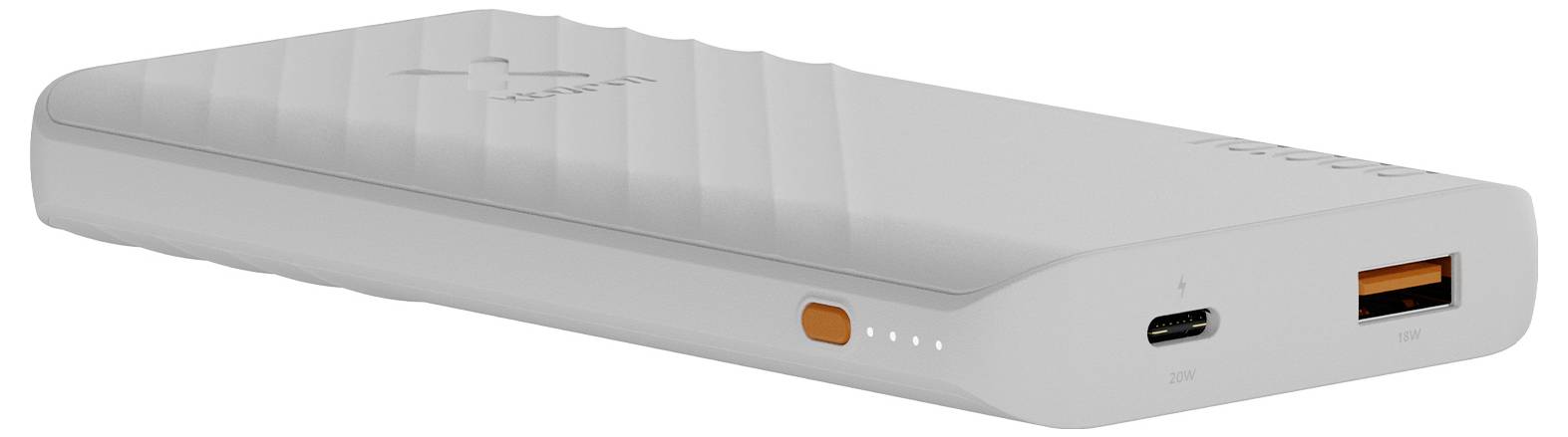 Tragbare graue Powerbank in perspektivischer Darstellung mit USB-C-Eingang, orangefarbenem USB-A-Ausgang, orangefarbenem Einschaltknopf und vier LED-Ladeindikatoren.