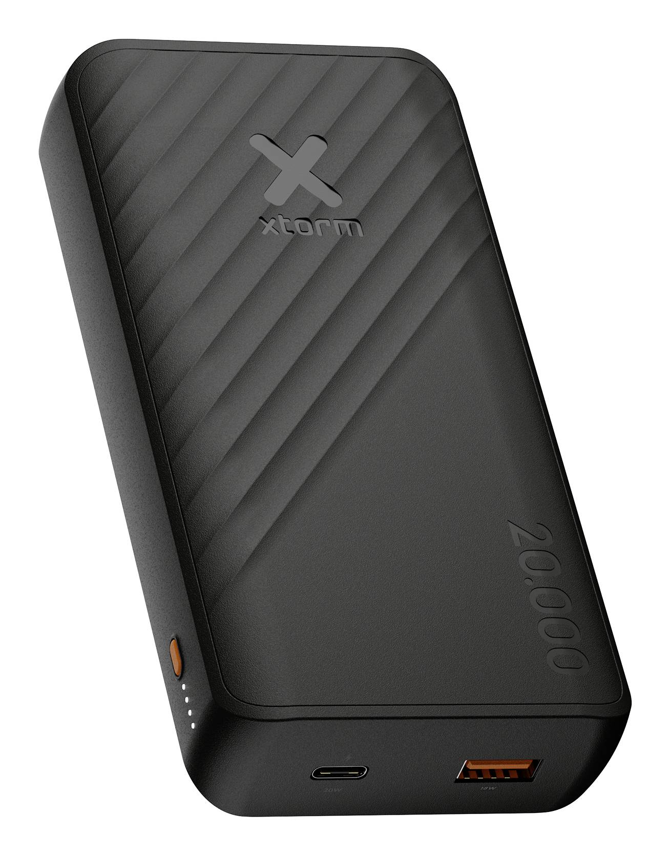 Black Xtorm 20000 tragbare Powerbank mit USB-C- und USB-A-Anschlüssen, gezeigt in einer Produktansicht auf weißem Hintergrund.