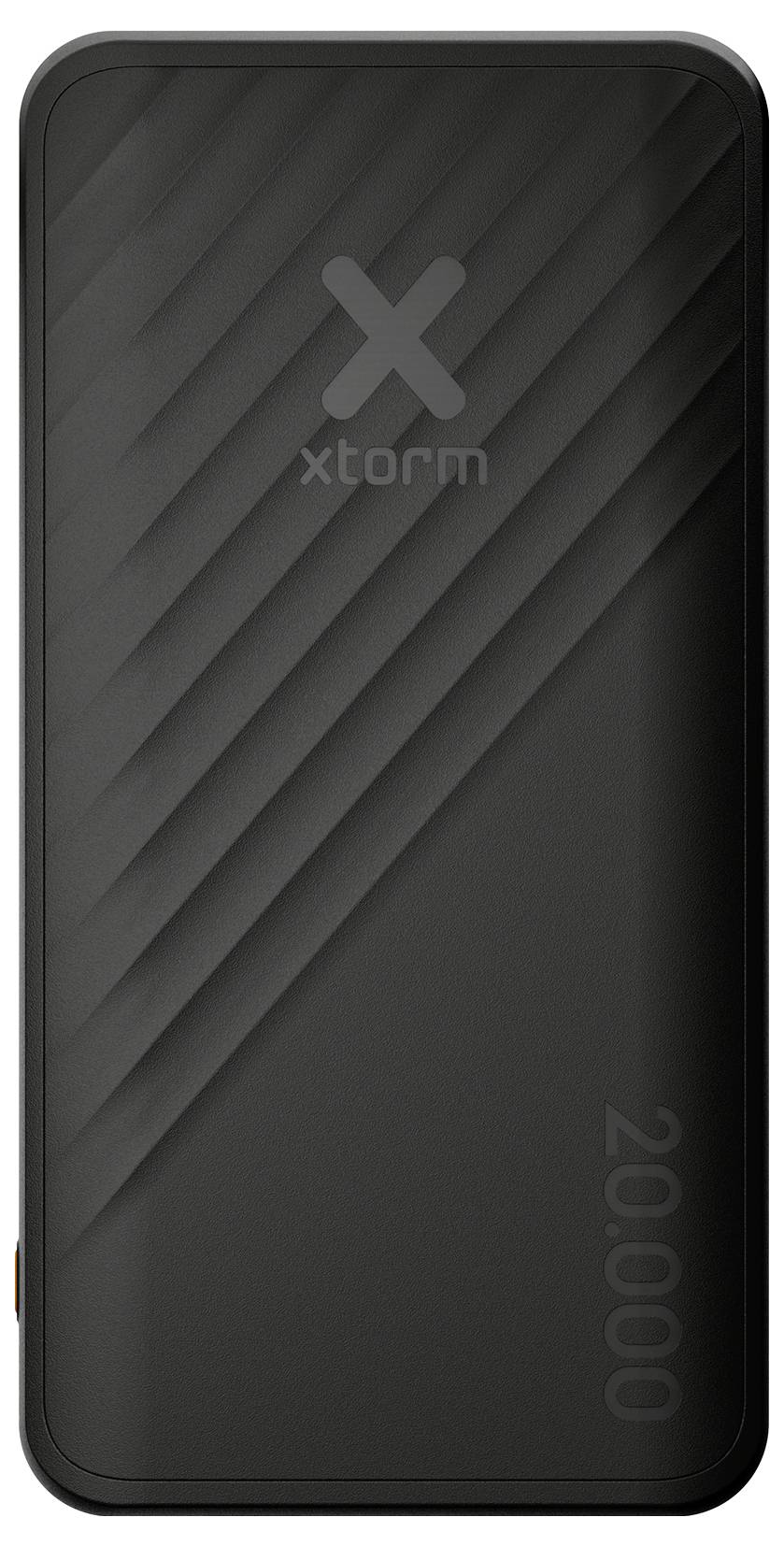 Schwarze 20.000-mAh-Powerbank mit diagonalen Rillen und „xtorm