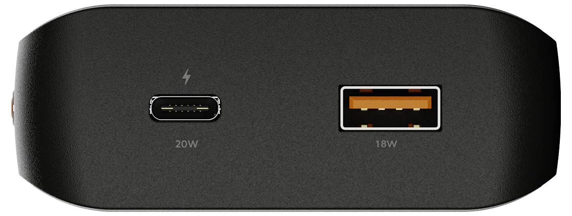 Schwarzer Stromadapter mit USB-C- und USB-A-Anschlüssen, beschriftet mit 20W und 18W, zum Laden von Geräten.