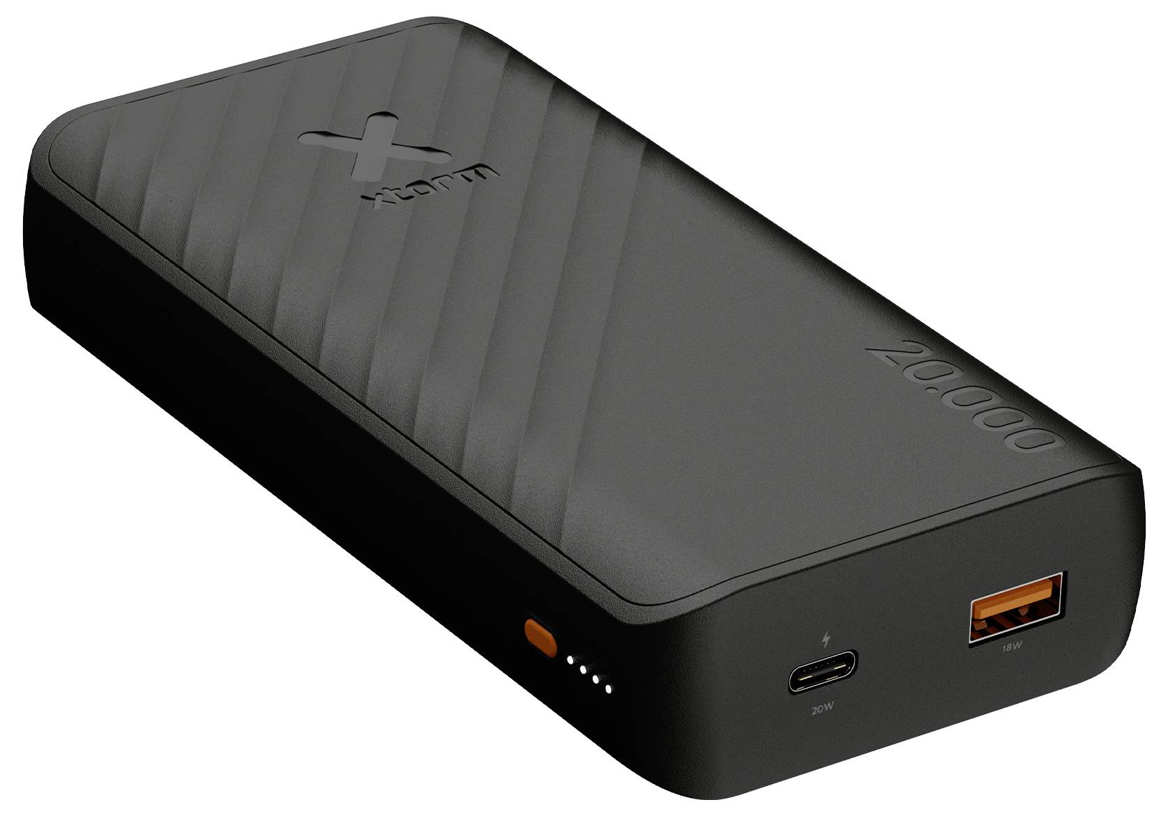 Schwarze tragbare Powerbank mit USB-C- und USB-A-Anschlüssen, vier Batterieanzeigleuchten und geprägtem Logo.