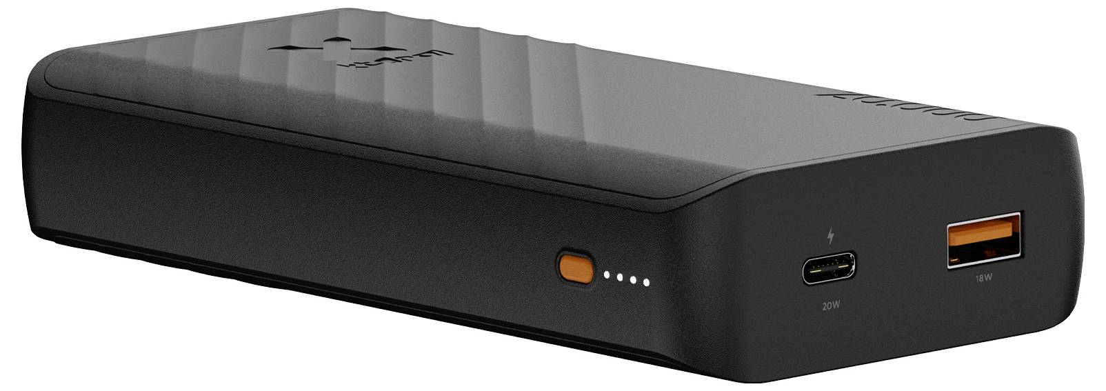 Schwarze tragbare Batterie mit strukturierter Oberfläche, orangefarbiger Stromschalter und vier LED-Anzeigelichtern, in Perspektive auf weißem Hintergrund dargestellt.