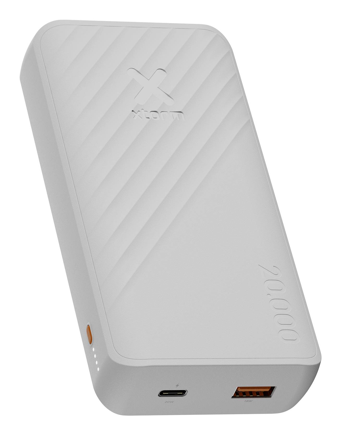 Weiße tragbare Powerbank mit geprägtem Logo, die einen USB-C-Ladeanschluss und einen USB-A-Ausgangsanschluss an der unteren Kante aufweist.
