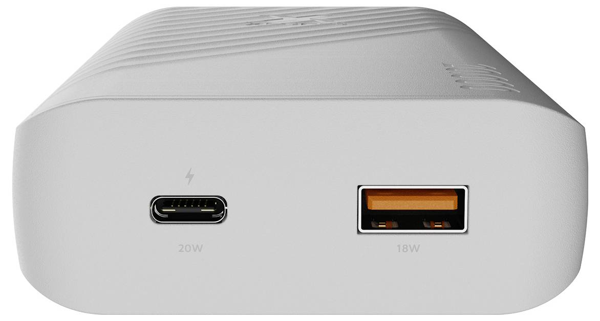 Weißer Stromadapter mit einem USB-C-Anschluss mit der Bezeichnung 20W und einem USB-A-Anschluss mit der Bezeichnung 18W auf der Vorderseite.