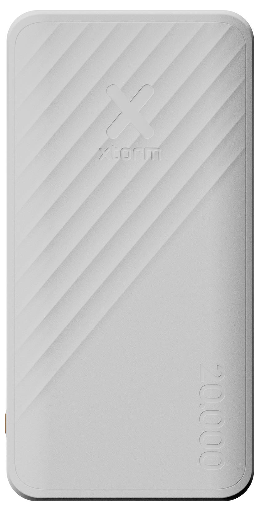 Weiße Anker tragbare Powerbank mit diagonal strukturiertem Design und geprägtem Logo, in Frontansicht dargestellt.