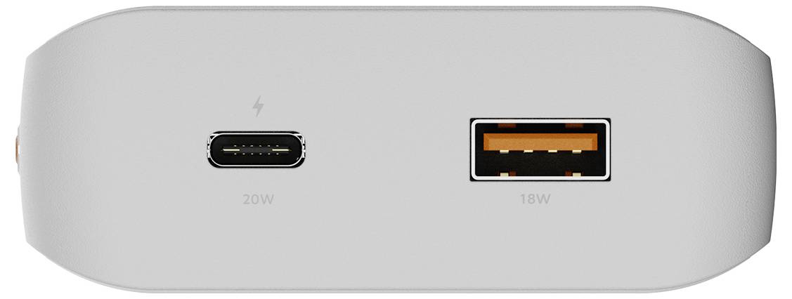 Seitenansicht eines weißen Netzteils mit zwei Anschlüssen: USB-C mit der Bezeichnung „20W