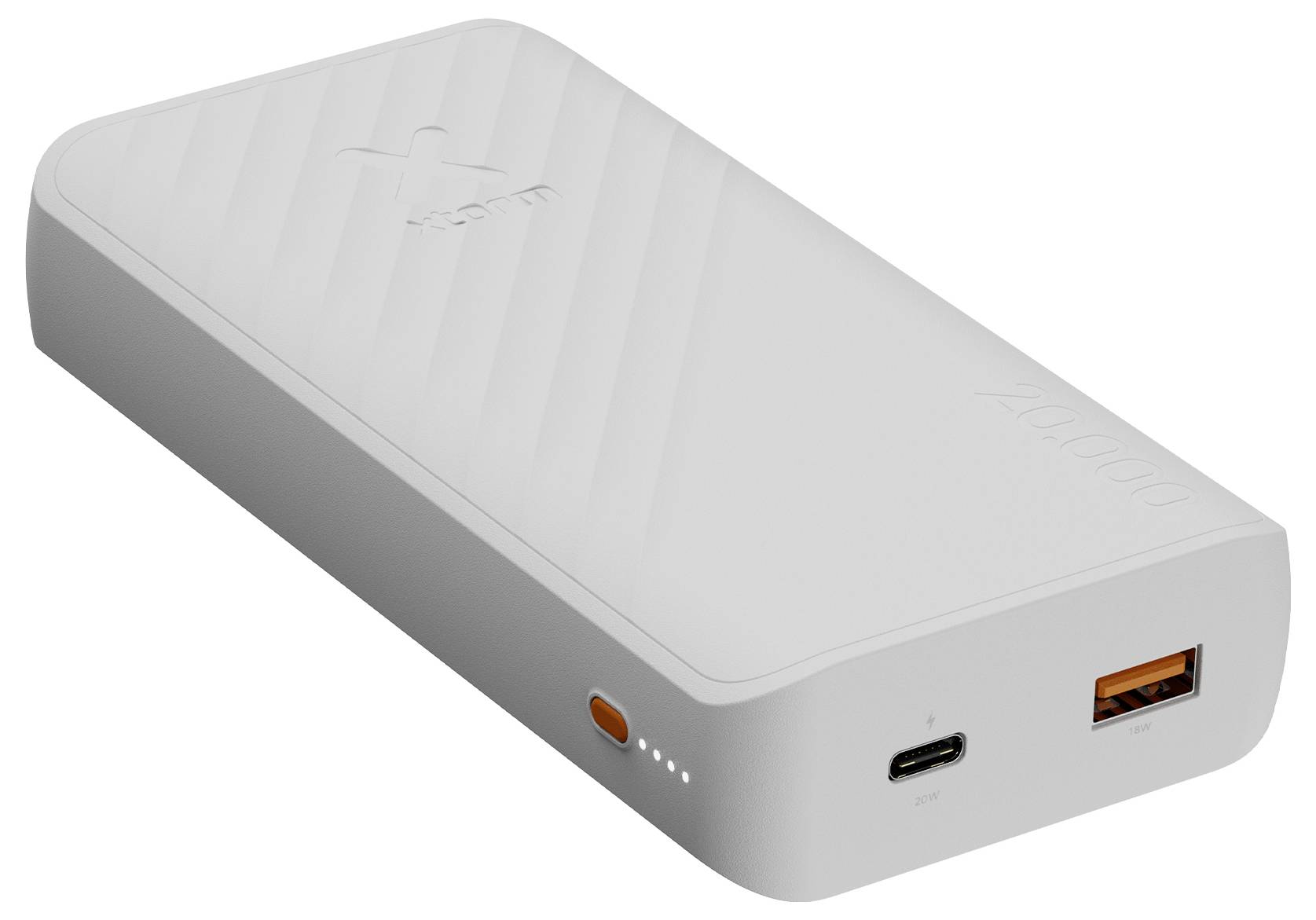 Weiße tragbare Powerbank im schrägen Winkel auf einfachem Hintergrund, mit USB-C-Anschluss, USB-A-Anschluss, Einschaltknopf und LED-Ladeindikatoren.