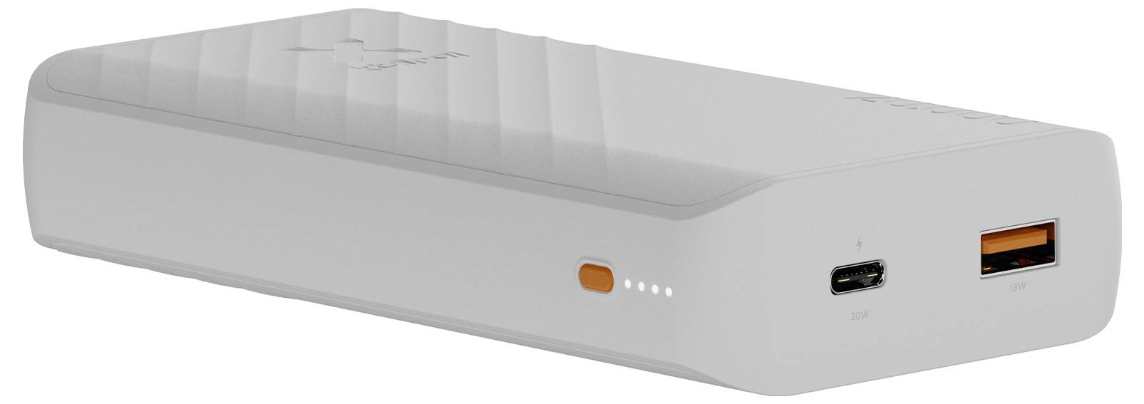 Weiße tragbare Powerbank mit USB-C-Eingang, USB-A-Ausgang und LED-Ladeanzeigeleuchten auf der Vorderseite