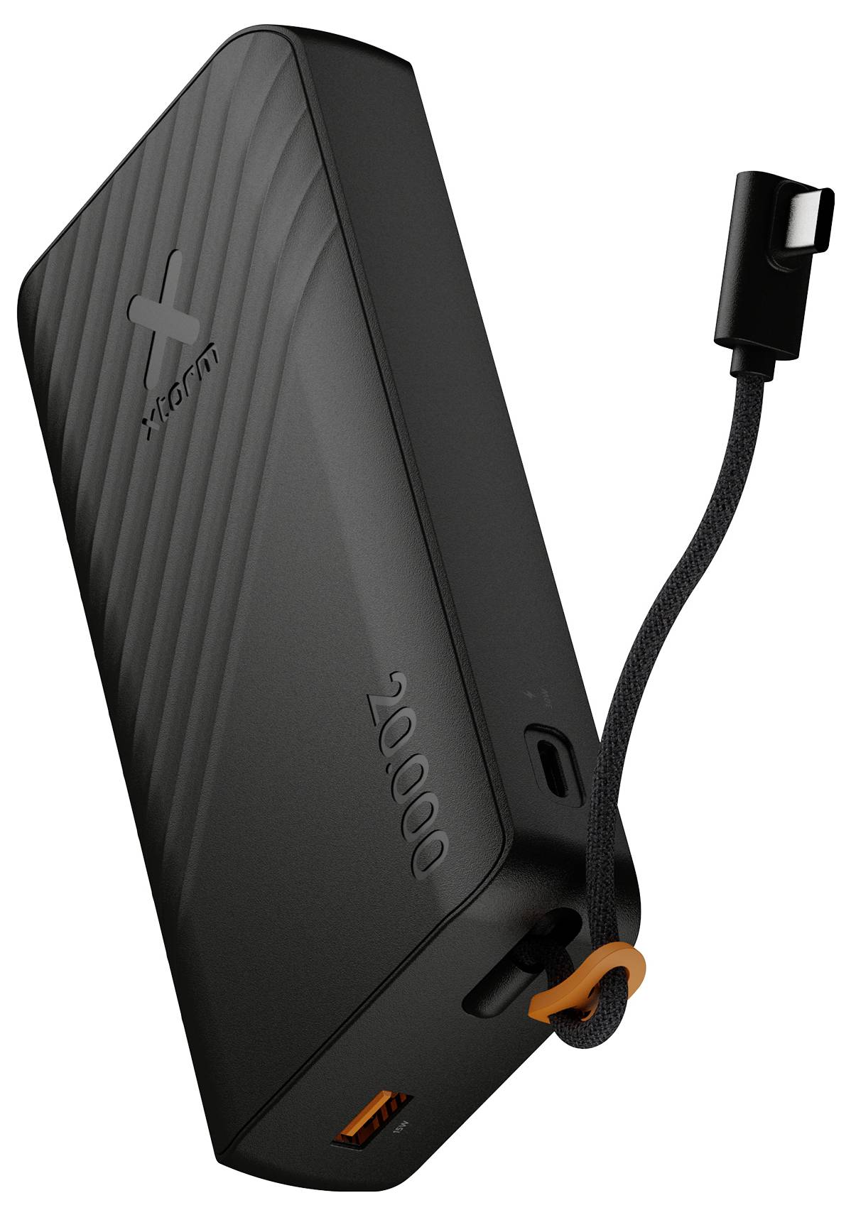 Schwarze tragbare Powerbank mit integriertem geflochtenem Ladekabel und USB-C-Stecker, Schrägansicht mit seitlichem USB-Anschluss und orangefarbenem Akzent