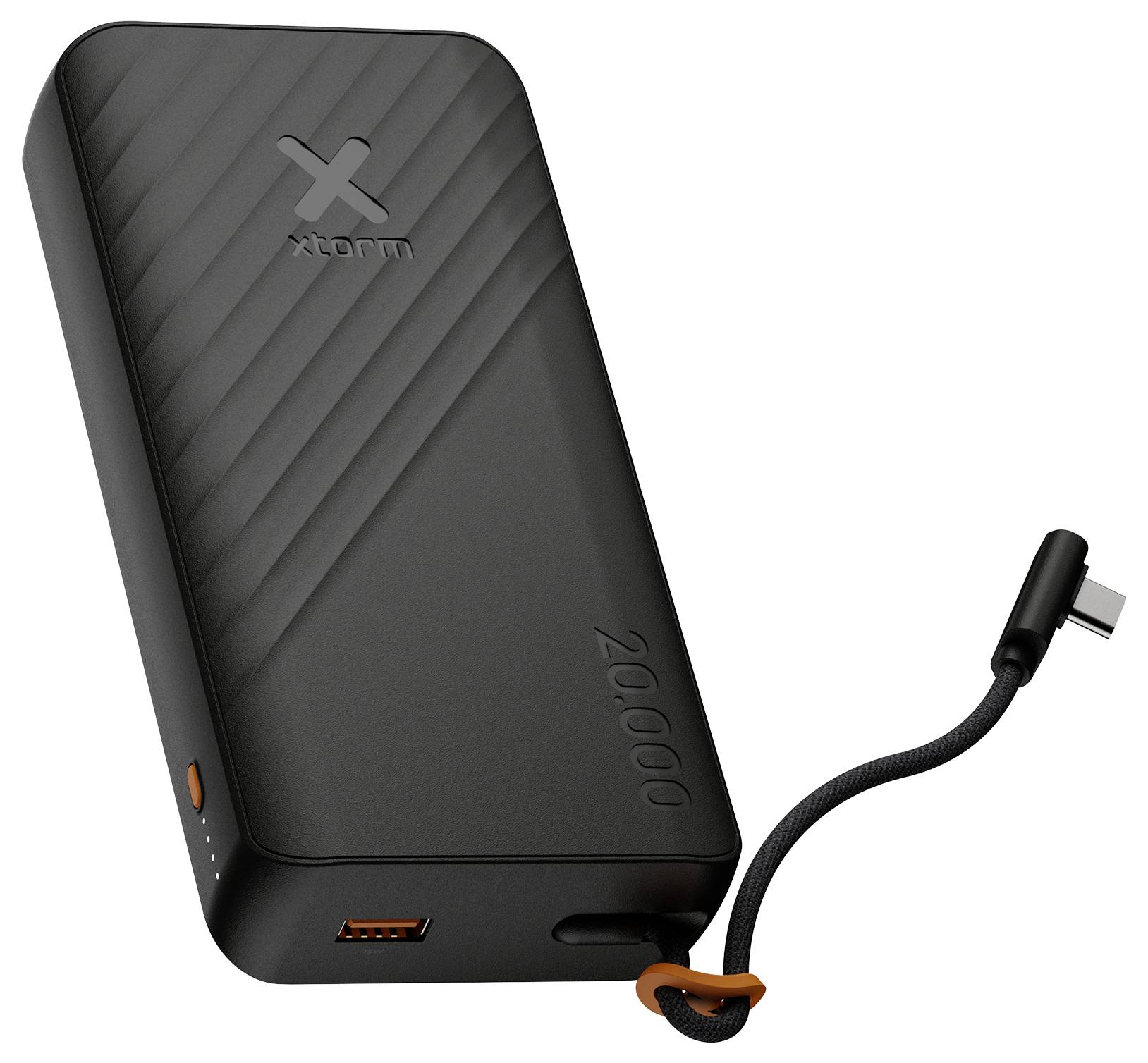 Black Xtorm Powerbank mit 20.000 mAh Kapazität gezeigt mit integriertem USB-C-Kabel und USB-A-Anschluss.