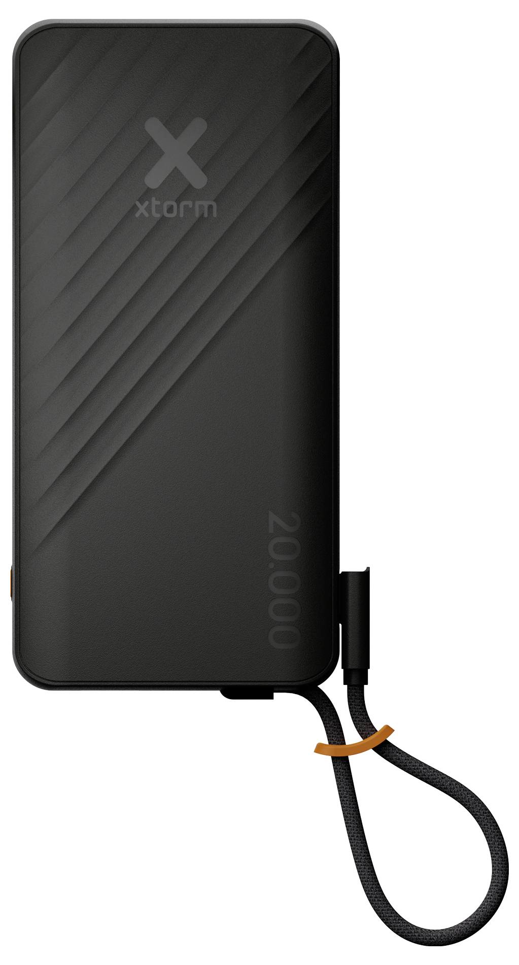 Black Xtorm 20.000-mAh-Powerbank mit angeschlossenem Ladekabel und Handgelenkschlaufe.