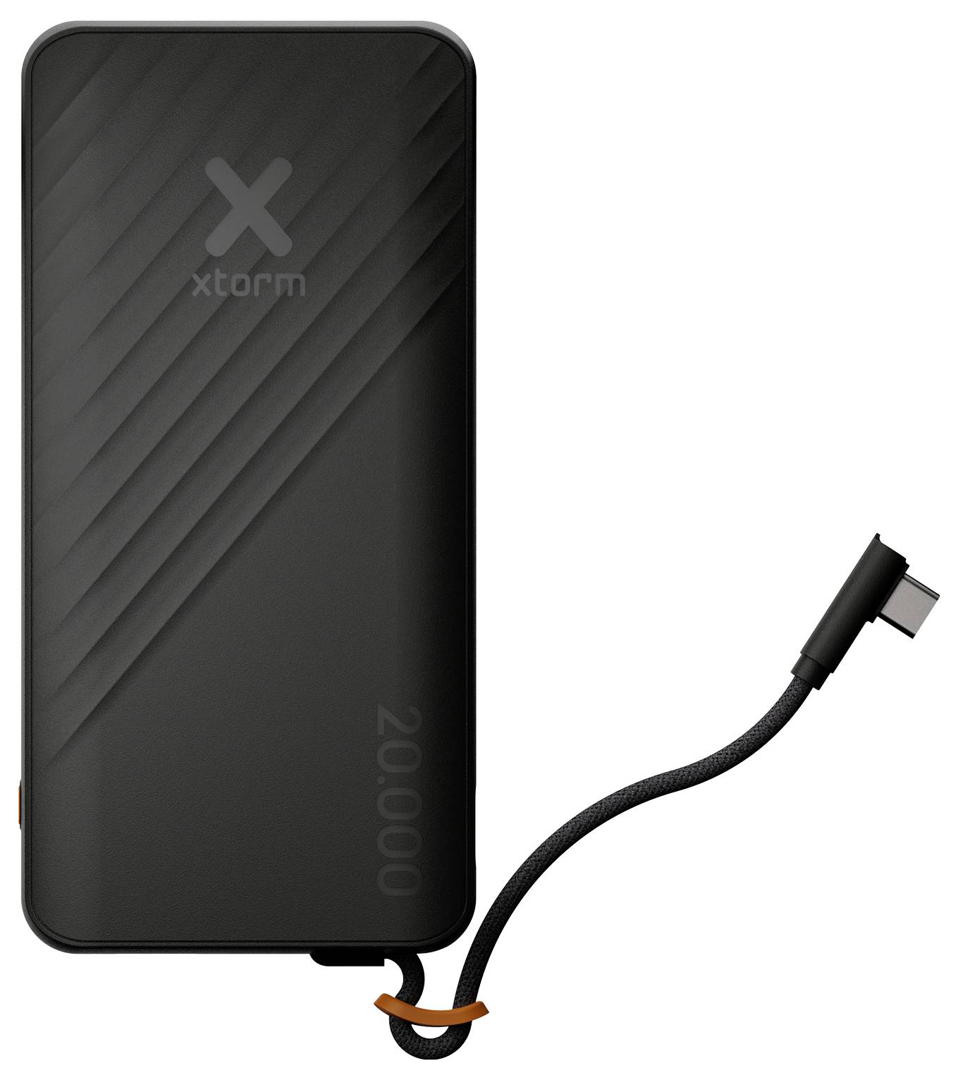 Black Xtorm 20.000 mAh Powerbank mit angeschlossenem USB-C-Ladekabel auf weißem Hintergrund.