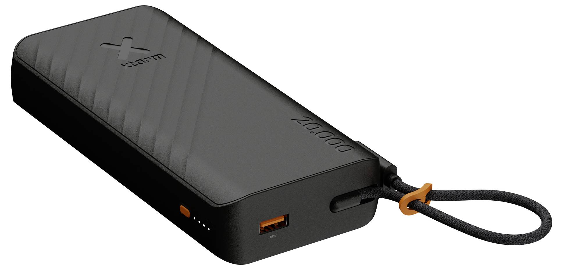 Tragbare schwarze Powerbank mit geflochtenem Umhängeband, USB-Anschluss und vier Akku-Anzeigelichtern auf weißem Hintergrund.