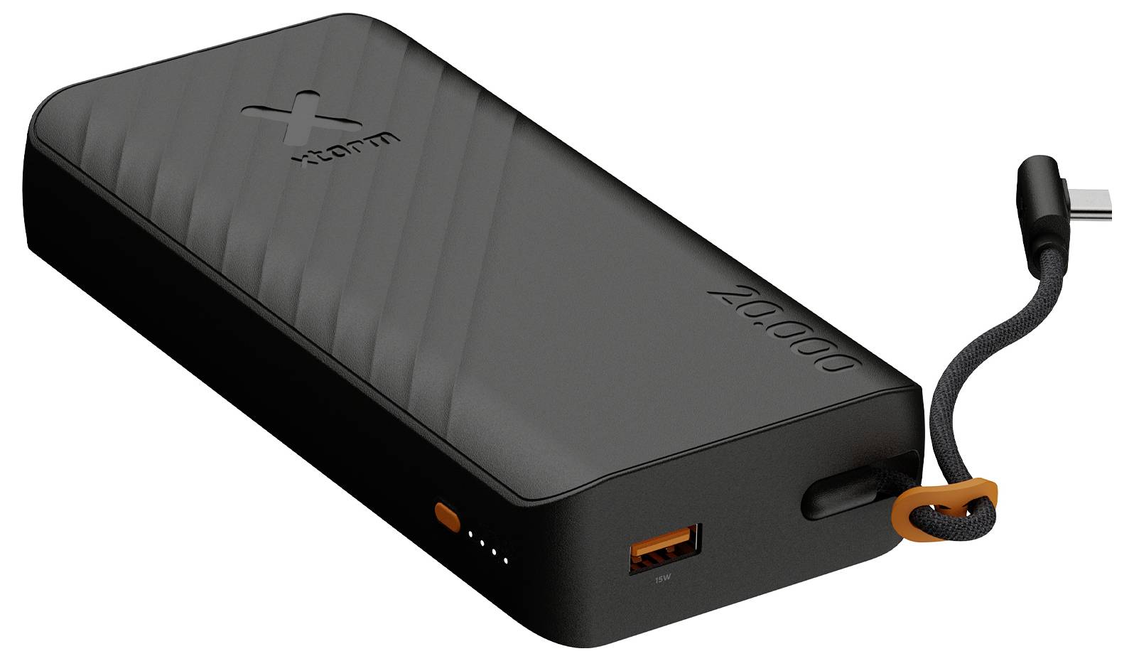 Schwarze tragbare Powerbank mit integriertem USB-C-Kabel, USB-A-Anschluss und Batterieanzeigeleuchten