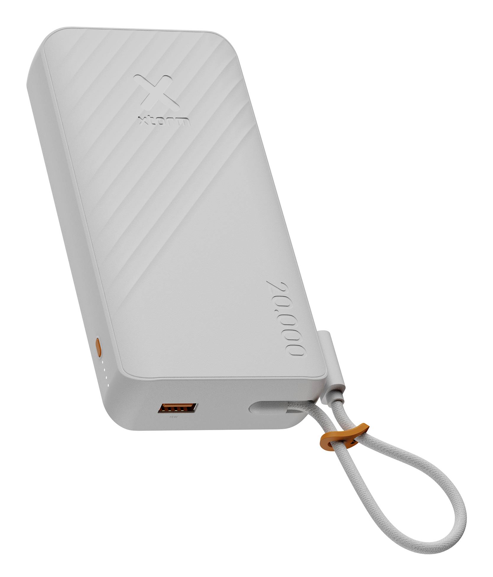 Tragbares Ladegerät oder Power Bank in hellem Grau mit angebrachtem grauem Tragband und orangefarbenen Akzenten, im Winkel vor weißem Hintergrund dargestellt.