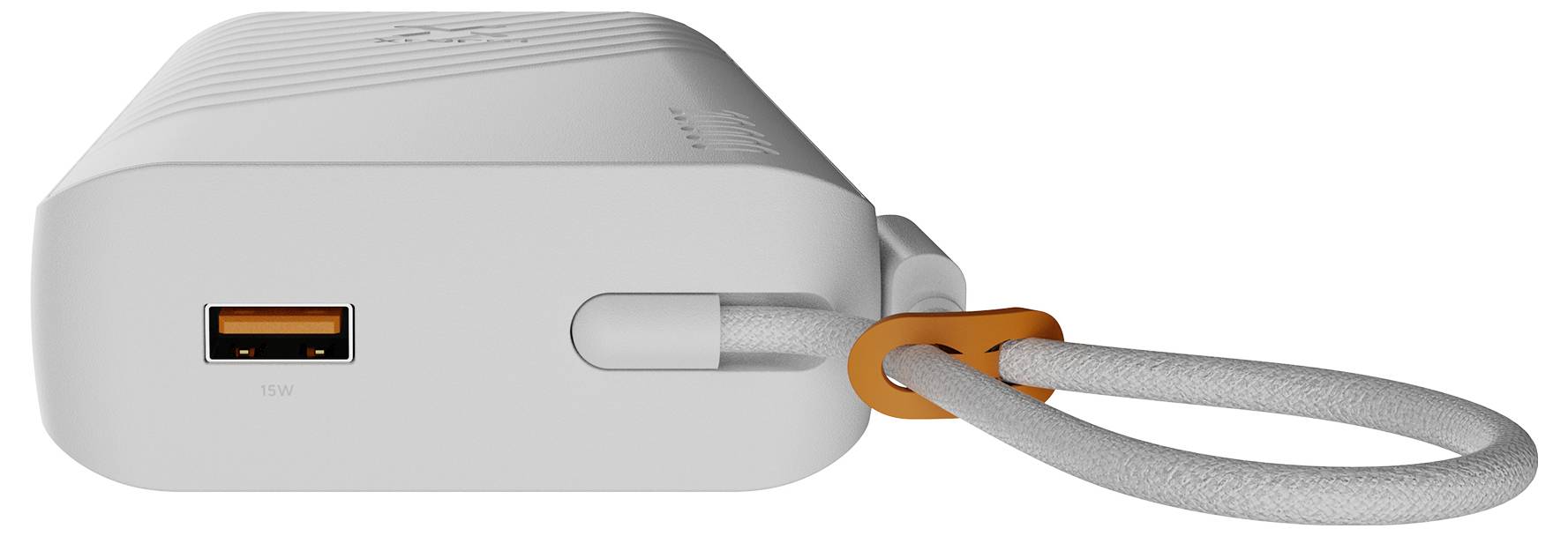 Nahaufnahme eines weißen tragbaren Geräts mit einem USB-A-Anschluss und einem befestigten grauen Riemen, der durch einen orangefarbenen Stecker verläuft.