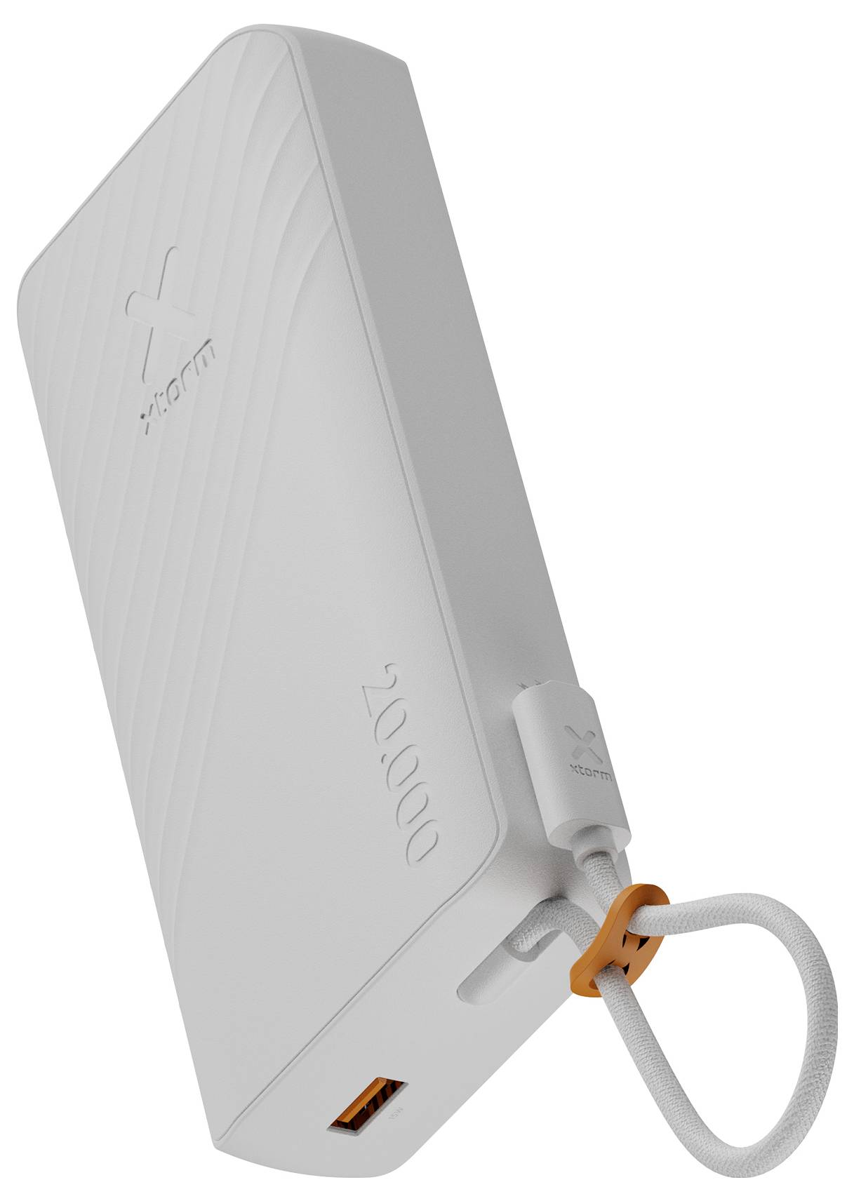 Weiße tragbare Powerbank mit einem USB-Kabel, das durch einen seitlichen Riemen geschlungen ist, mit angezeigtem USB-Anschluss und eingeprägte Kapazitätsmarkierung „20000