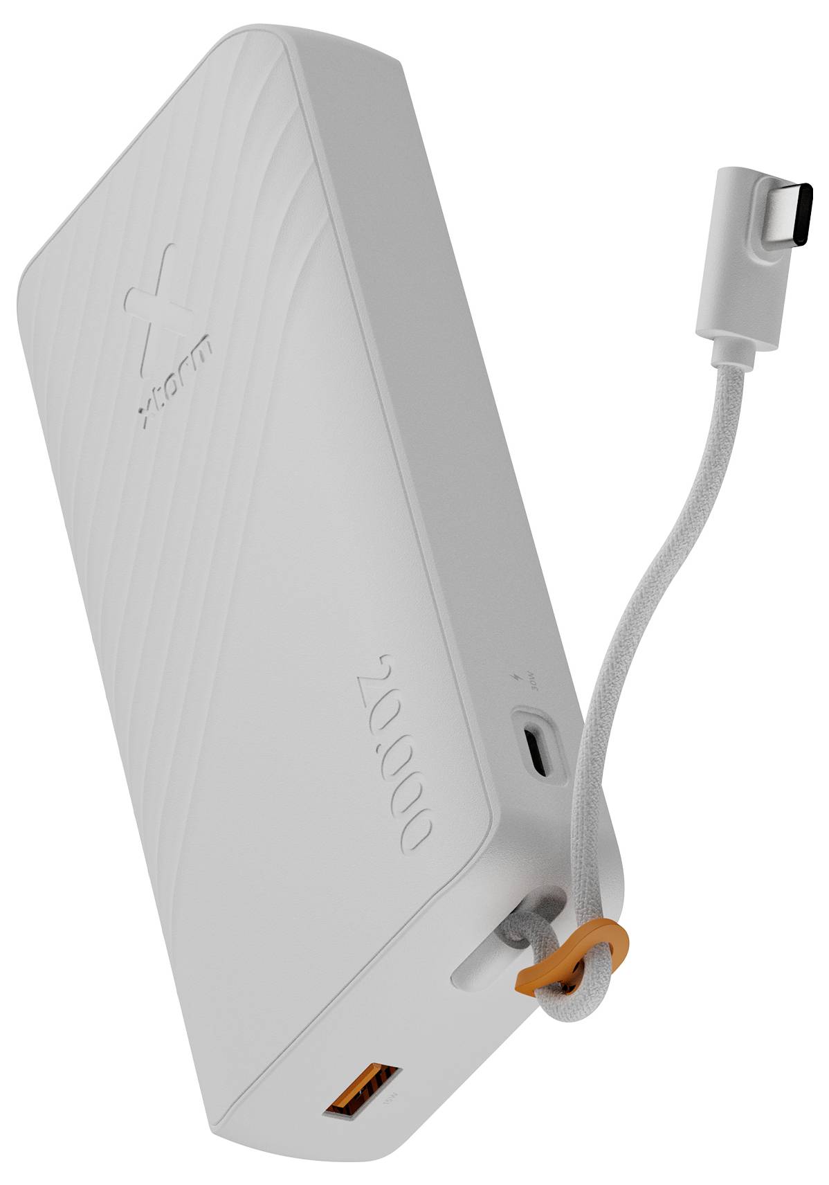 Weiße tragbare Powerbank mit angebautem Ladekabel und USB-C-Anschluss, in einer produktstilisierten Ansicht gezeigt.