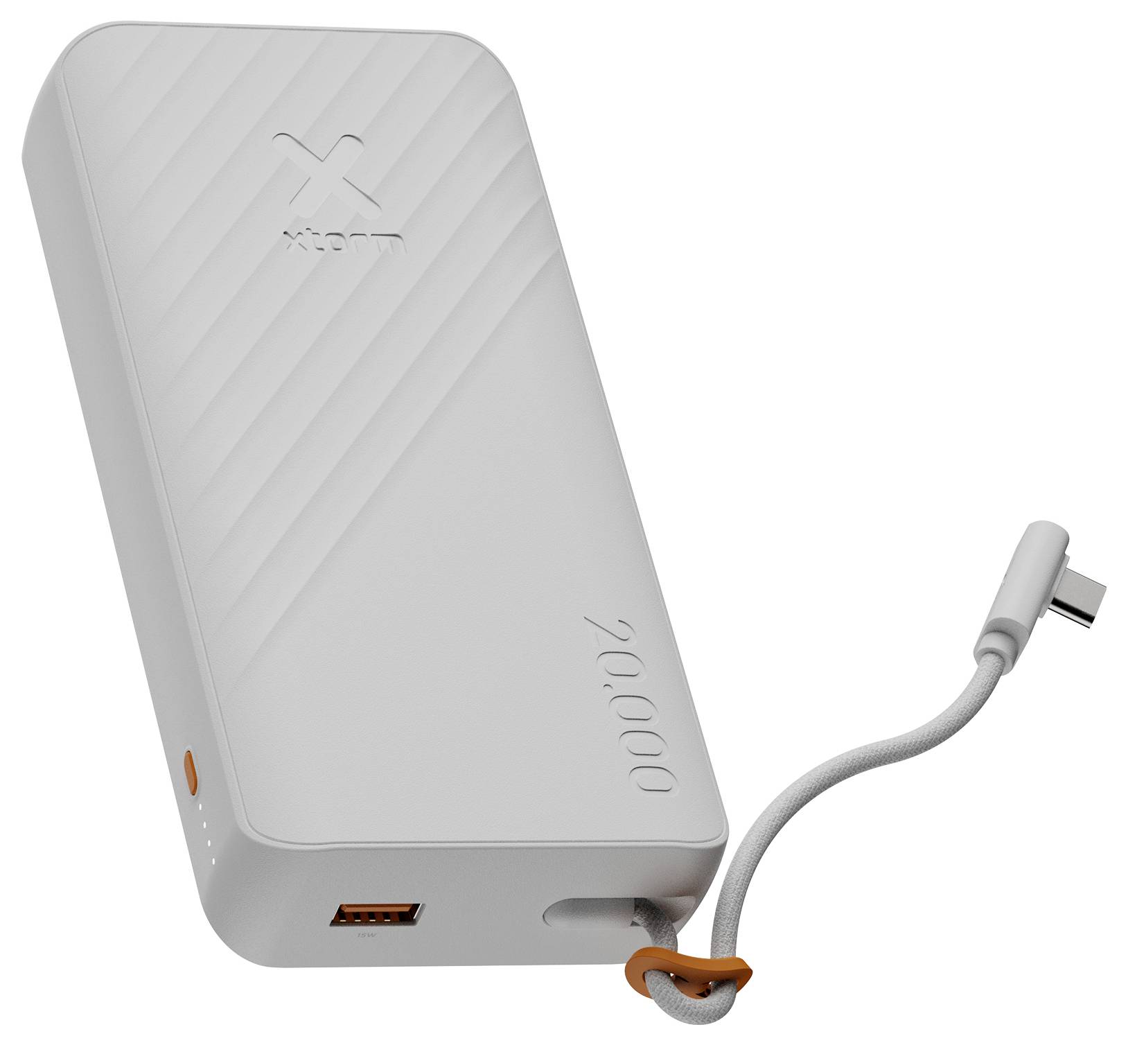 Weiße tragbare Powerbank mit integriertem USB-C-Kabel und orangefarbigem USB-A-Anschluss, in Schrägansicht auf einfachem Hintergrund dargestellt.