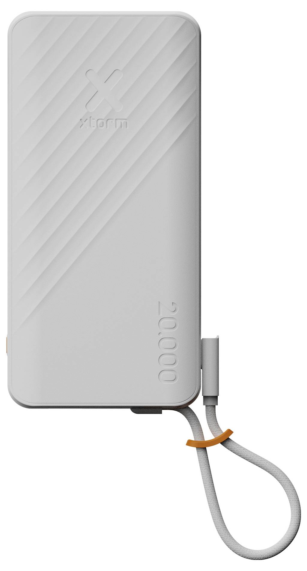Silberne 20.000-mAh-Powerbank mit integriertem Ladekabel mit Schlaufe, das auf der rechten Seite angebracht ist.