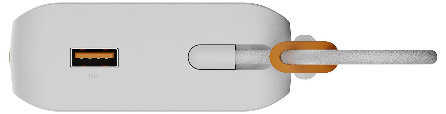 Nahaufnahme eines grauen Geräts mit einem USB-A-Anschluss und einem angesteckten Kabel, das eine Verbindungsschnittstelle an der Seite zeigt.