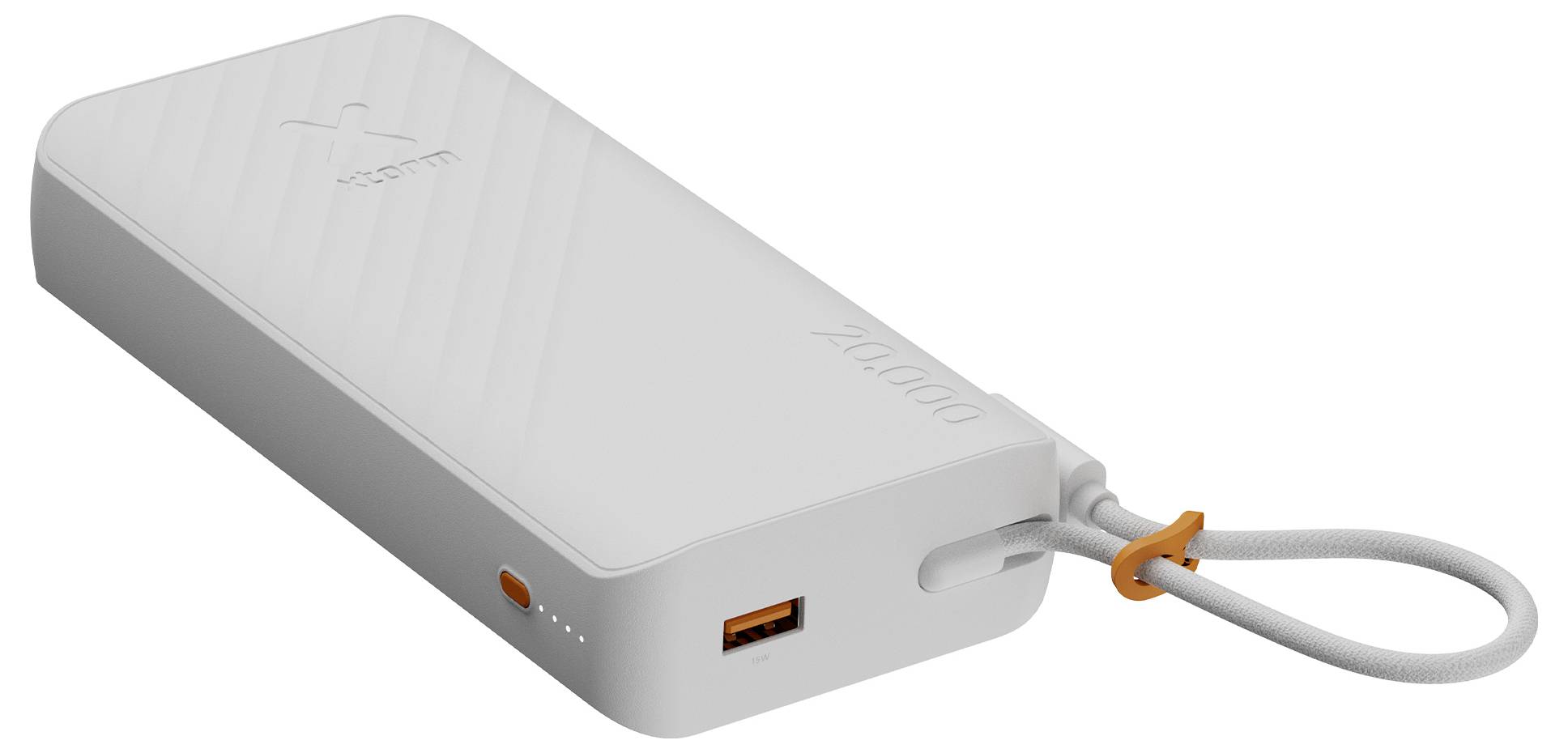 Weiße tragbare Powerbank mit integriertem Kabel, das an einem Ende geschleift ist, und USB-Anschluss an der Seite, dargestellt in schräger Produktansicht.