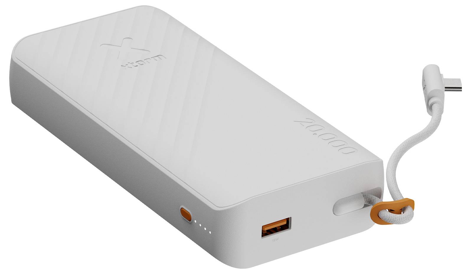 Tragbare weiße Powerbank mit angeschlossenem USB-C-Kabel, zeigt USB-Anschluss, Ladeanzeigeleuchten und Seitentaste.