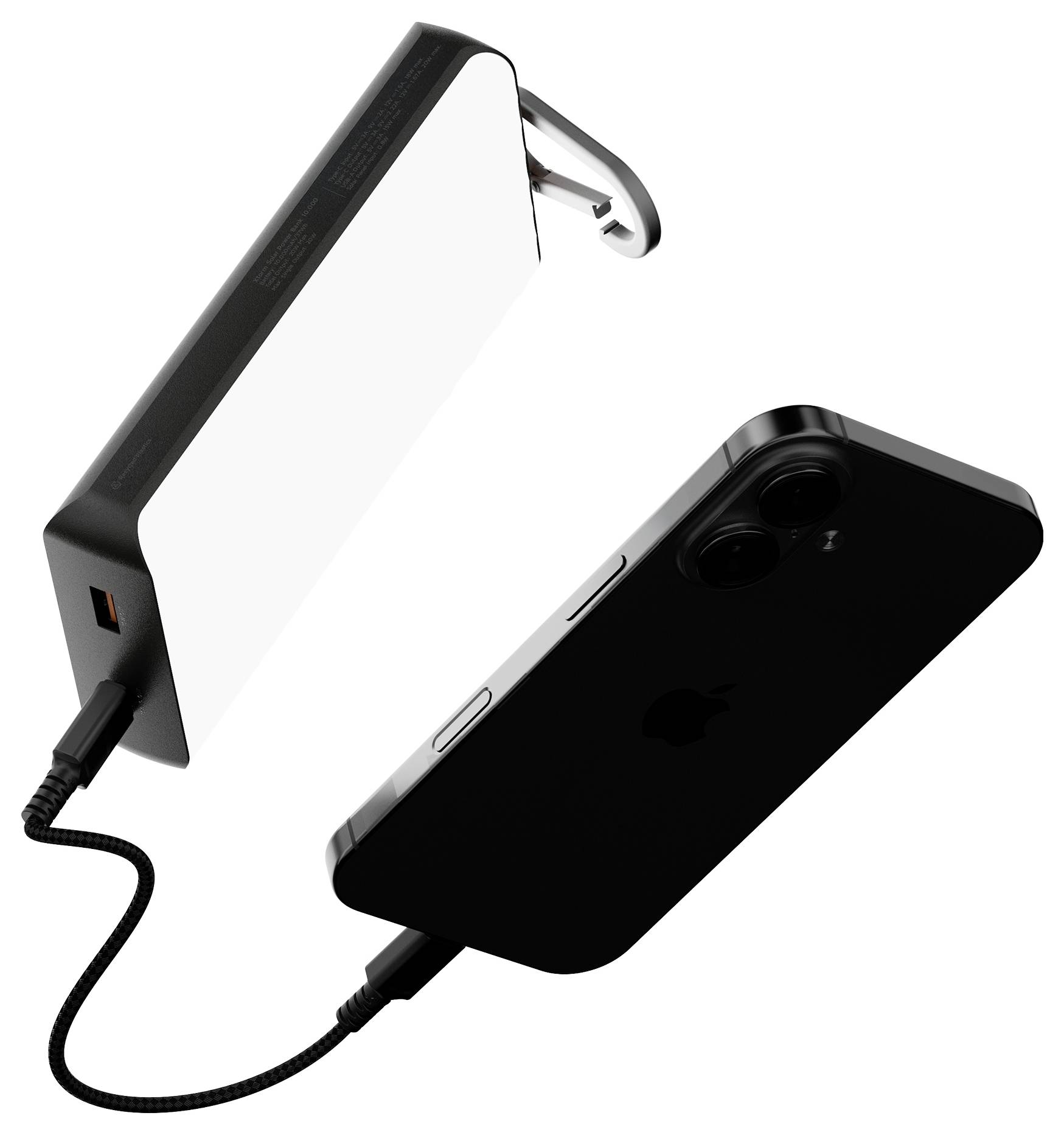 Schwarze tragbare Powerbank mit Kabel, die ein schwarzes Smartphone lädt, dargestellt als verbundene Geräte auf weißem Hintergrund.