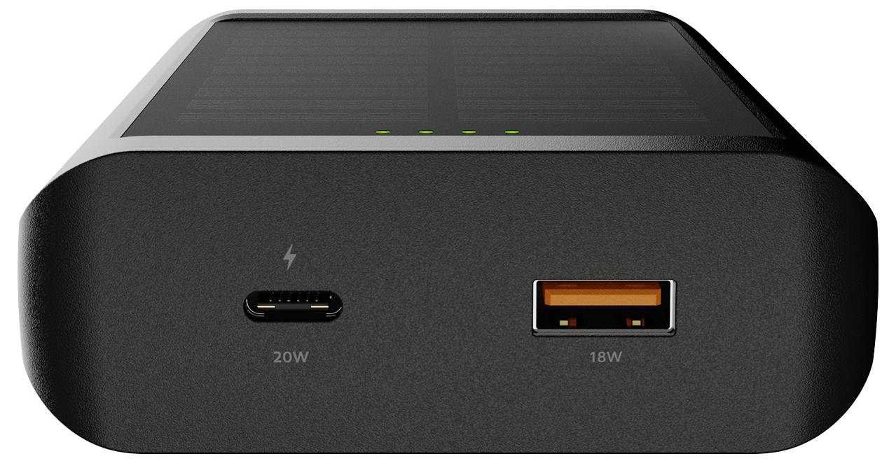Vorderansicht einer schwarzen Powerbank mit zwei Ladeanschlüssen: USB-C mit der Bezeichnung „20W