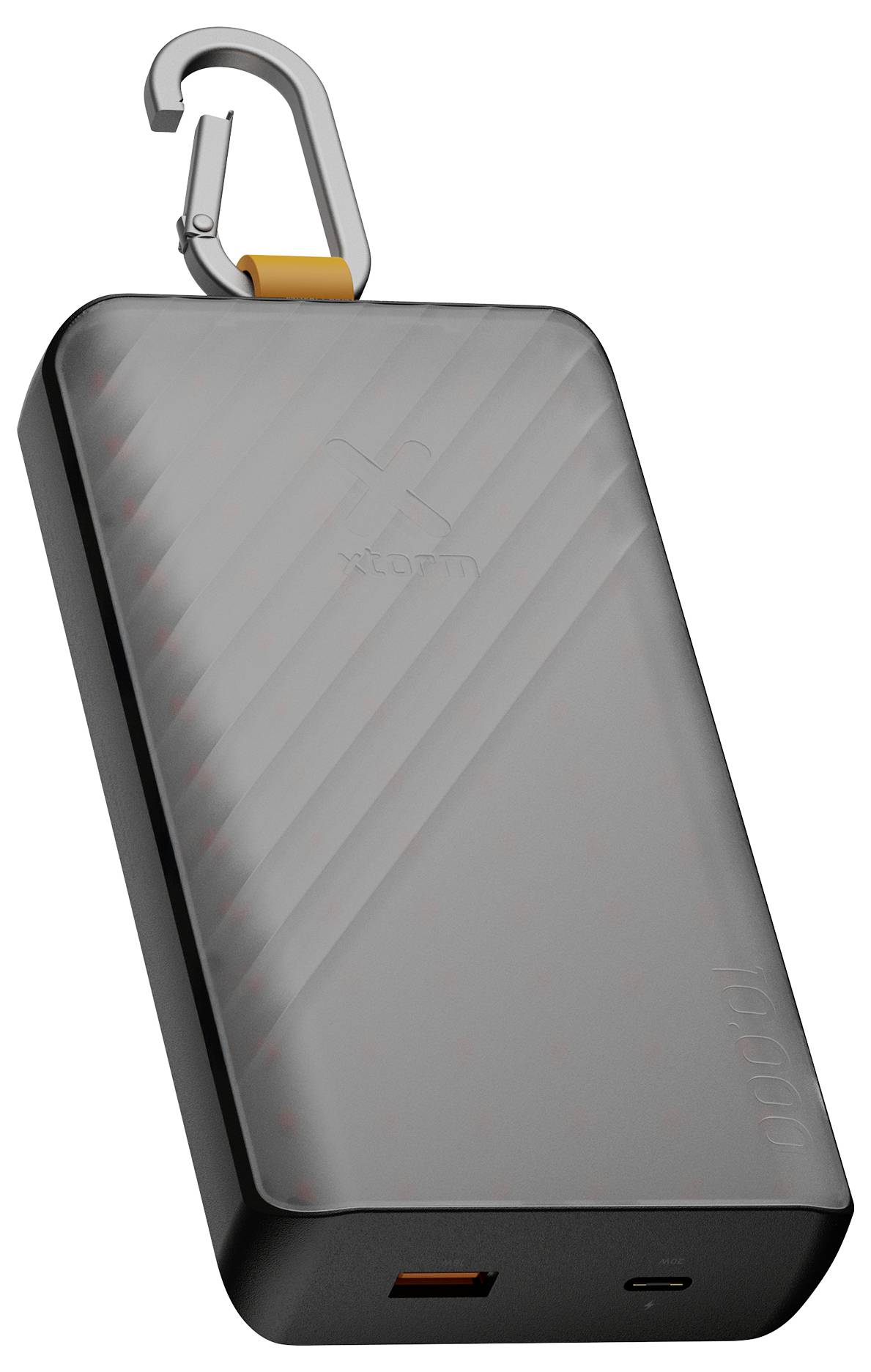 Grauer tragbarer Powerbank mit angebrachtem Karabinerhaken und orangefarbenen Akzenten, gezeigt auf weißem Hintergrund.