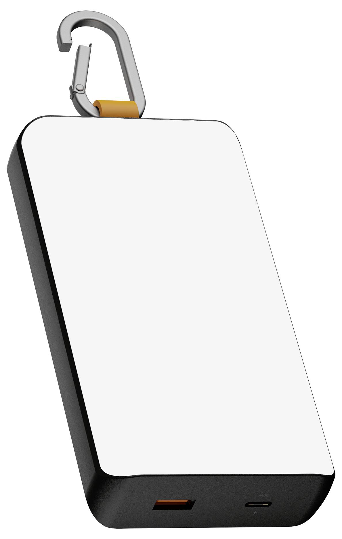 Tragbares Powerbank mit Karabinerhaken und weißer Vorderseite ohne Aufdruck, in leichter Schrägansicht dargestellt.
