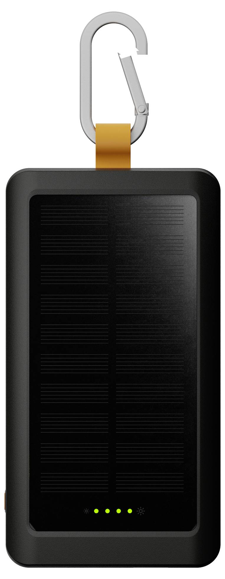 Tragbares Solarladegerät mit Karabinerhaken und LED-Ladeanzeigen an der Vorderseite, vor weißem Hintergrund dargestellt.