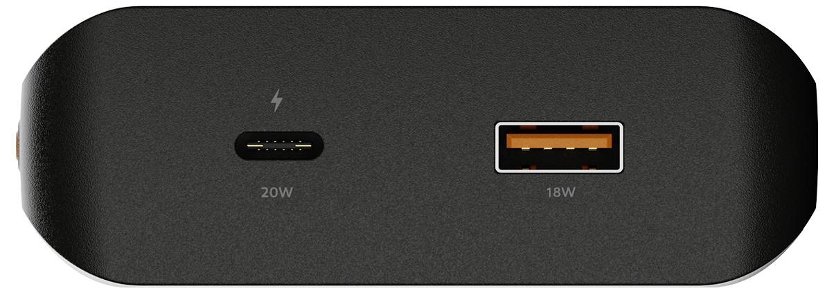Vorderansicht einer schwarzen Powerbank mit zwei Anschlüssen: USB-C mit Bezeichnung 20W und USB-A mit Bezeichnung 18W.