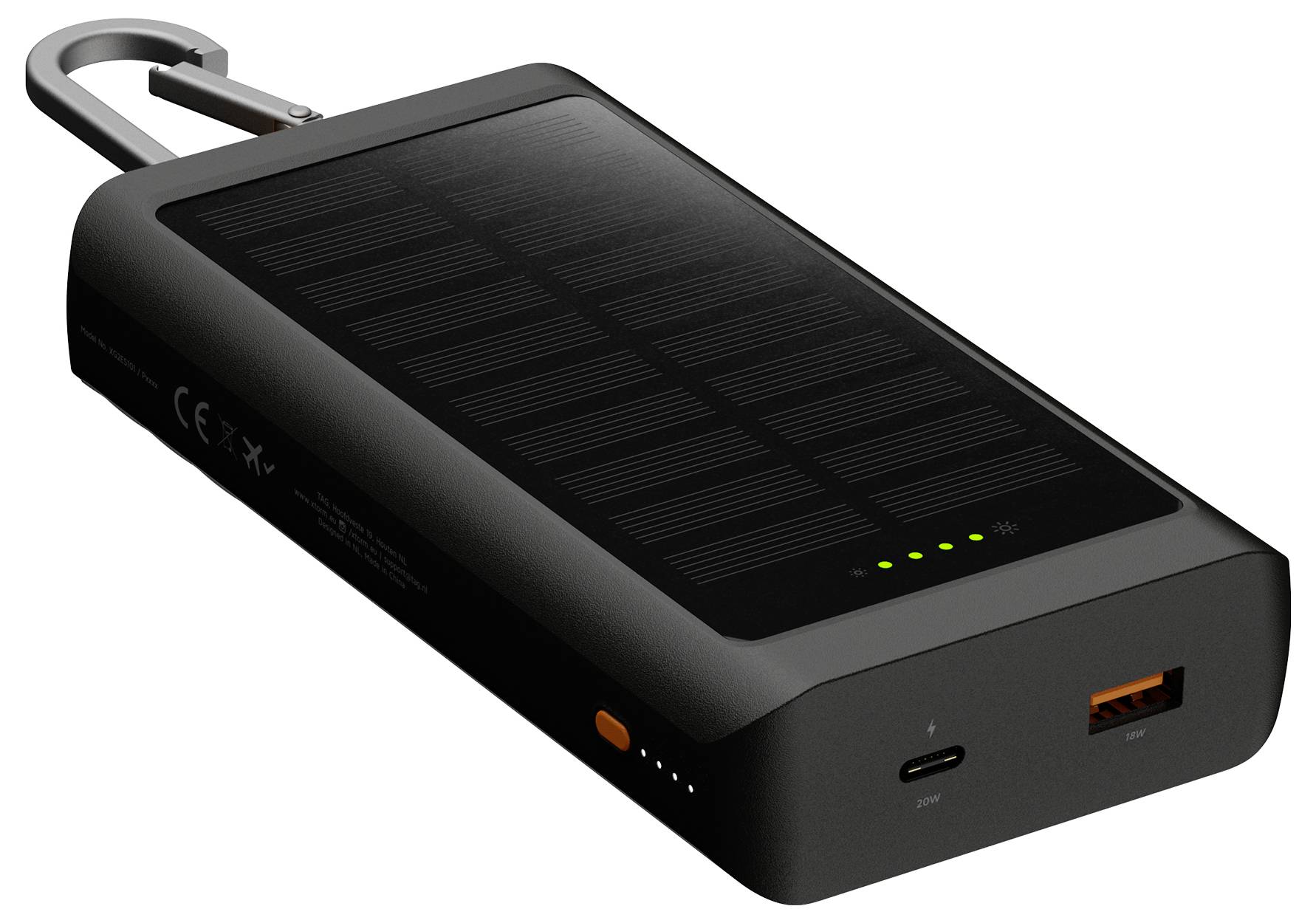 Schwarze Solarstrombank mit angebrachtem Karabiner, zeigt Solarpanelfläche, Batterieanzeigeleuchten, USB-A- und USB-C-Anschlüsse.