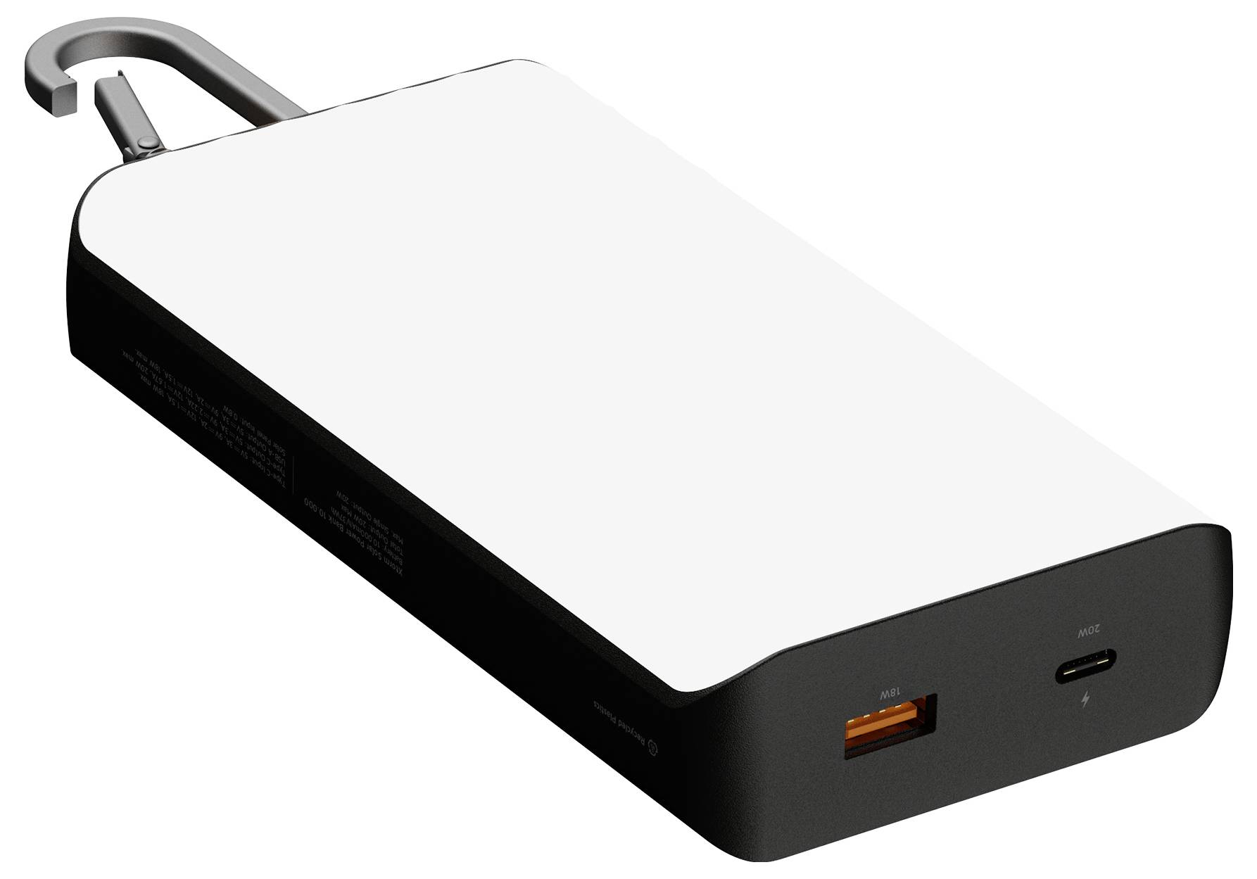 Tragbare Powerbank mit integrierter Schlaufe, ausgestattet mit einem USB-A-Anschluss und einem USB-C-Anschluss auf der Vorderseite.